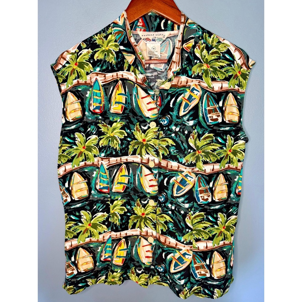 Vintage Women's 90s Tropical Sleeveless Palm Tree Retro Shirt | Size Medium